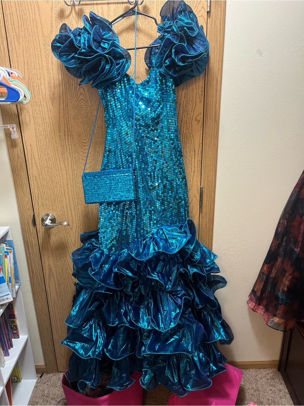 Teal pageant Sequined Ruffled Evening Gown with Matching Clutch